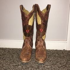 Very Cute Vintage Look Cowgirl Boots With Purple And Red Embroidered Flowers. Only Worn Once To A Wedding. Pretty Much Brand New. Fitted Western Purple Boots, Vintage Brown Boots For Rodeo, Corral Shoe Boots Tall, Brown And Teal Cowgirl Boots, Corral Boots, Vintage Cowgirl, Cowgirl Boots, Embroidered Flowers, Cowboy Boots