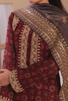 Embroidery On Printed Fabric Ideas, Embroidery On Printed Suits, Embroidery On Printed Fabric, Kurta Aesthetic, Marodi Embroidery, Ajrak Print, Kurta And Sharara, Chanderi Dupatta, Vidya Balan