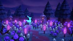 an animated image of a forest with purple flowers and trees in the background at night