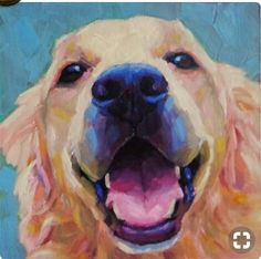 an oil painting of a golden retriever dog with its tongue out and his mouth open