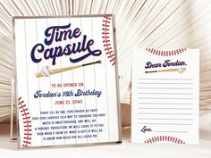 a baseball themed birthday party with a time capsule card and notepad on the table