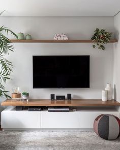 a flat screen tv sitting on top of a wooden shelf next to a potted plant