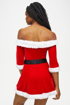 Shaped with an off-the-shoulder Bardot neckline with detachable straps and elbow length sleeves, The Sexy Santa Dress has a thigh high flounced skirt with a smooth underskirt for easy wear. For a great hourglass silhouette, the elastic belt with faux buckle detail cinches in the waist. Edged with a snowy white faux fur trim at the neckline, cuffs and hem for a festive finish. Flounced Skirt, Santa Dress, Work Wear Outfits, Bardot Neckline, Hourglass Silhouette, Flounce Skirt, Smart Dress, Lace Skater Dress, Elastic Belt