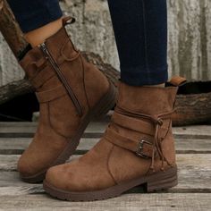 Camel Brown Buckle Decor Tie Side Faux Suede Combat Boots Botas Chelsea, Orthopedic Shoes, Ankle Shoes, Buckle Ankle Boots, Rounded Toe Boots, Buckle Shoes, Brown Heels, Vintage Boots, Round Toe Heels