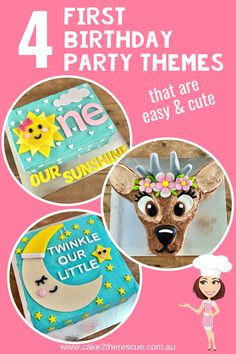 Looking for inspiration for your baby girl or baby boy's 1st birthday party? We have rounded up 4 of the most popular first birthday party themes - that are also easy and cute. We've also include first birthday cake ideas from our range to complement each theme. Get inspired here. #firstbirthday #birthdayparty #theme #birthdaycake #cake2therescue Fairy Birthday Cake, Sunshine Birthday Parties, Diy Birthday Cake, Safari Theme Party, Baby Boy 1st Birthday Party, Sunshine Birthday, Fun Party Themes, Safari Birthday Party