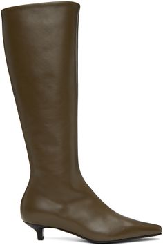 Knee-high grained calfskin boots in brown. · Pointed toe · Zip closure at inner side · Grained leather lining · Kitten heel with rubber injection · Buffed leather sole with rubber injection · Heel: H1.5 in Supplier color: Ash Brown Pointed Boots, Slim Boots, Heels Boots Outfit, Boots 2024, Heel Boots For Women, Pointed Boots, Kitten Heel Boots, Rounded Toe Boots, Wide Calf Boots