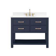 a bathroom vanity with marble top and two gold faucets on the sink area