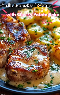 grilled pork chops with cheesy potato bake on a black plate