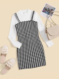 Free Returns ✓ Free Shipping✓. SHEIN Tween Girl Mock Neck Tee & Houndstooth Print Cami Dress- Tween Girls Sets at SHEIN. Adrette Outfits, Cute Dress Outfits, Girls Fall Outfits, Shein Outfits, Cute Preppy Outfits, Tween Outfits, Simple Trendy Outfits, Cute Simple Outfits