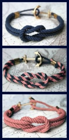 four different braided bracelets with gold clasps and anchors on each one side