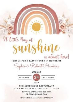 a baby shower is shown with an orange and pink rainbow