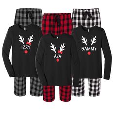 Personalized Reindeer Name Pajamas Outfit the whole family young and old. Nothing says Christmas matching family pajamas...say cheese! This festive Reindeer Antler flannel set comes with a luxe 100% cotton jammie t-shirt in black with matching plaid flannel pajama bottoms.  Put the family to bed in their Christmas pjs and let them rip open those packages Christmas morning. Your options are endless. This cozy pajama set is so comfortable it will be your go to uniform all winter break long. Set in Matching Family Christmas Pajamas Pajamagram, Chrostmas Pajamas Family, Family Christmas Pajamas Plaid, Family Matching Holiday Sleepwear, Christmas Sleepwear, Family Matching Christmas Sleepwear, Pjs Matching, Pajamas Outfit, Family Matching Red Christmas Sleepwear