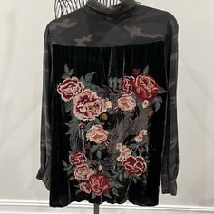 Drogon Velvet Embroidered Back Shirt From Johnny Was. New With Tags. Size Medium. 100% Silk. Button Front Closure. Black Shirt With Floral Embroidery For Fall, Collared Fall Blouse With Floral Embroidery, Fall Collared Blouse With Floral Embroidery, Fall Floral Embroidered Collared Blouse, Embroidered Button-up Blouse For Fall, Fall Embroidered Button-up Blouse, Long Sleeve Tops With Embroidered Patch For Fall, Fall Embroidered Collared Blouse, Fall Embroidered Button-up Top