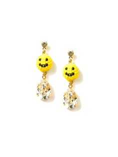 Wear a genuine smile with our Happy Horizons Earrings. The beaded smiley face charms will make any outfit feel brighter, and it will bring a positive vibe wherever you go. Shine on with this happy-go-lucky piece! 1.5" Gold plated brass earrings Crystal rhinestone post with butterfly clutch for pierced ears Beaded smiley charm Glass rhinestones Handmade in New York City and Puerto Rico. Due to the handmade nature of our products, some charms may vary in color and style or be replaced if unavailab Playful Smiley Face Jewelry For Everyday, Cheerful Smiley Face Jewelry For Everyday, Fun Yellow Nickel-free Jewelry, Playful Smiley Face Jewelry For Gifts, Novelty Smiley Face Jewelry As Gift, Novelty Smiley Face Jewelry For Gifting, Novelty Smiley Face Jewelry For Gifts, Novelty Smiley Face Jewelry Gift, Playful Gold Jewelry With Smiley Face