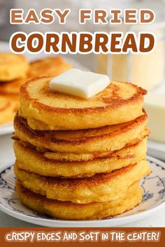 Delicious Fried Cornbread Recipe are golden brown with crispy edges and soft in the center. Serve topped with melted and jam for a delicious treat everyone loves! The flavor is amazing and takes minutes to prepare. This easy recipe fries in a skillet with crispy edges and even better topped with butter and honey. #eatingonadime #friedcornbread #easyrecipe