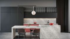 a modern kitchen with marble counter tops and chairs