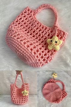 crocheted purses and handbags are shown in three different pictures, including one with a teddy bear on it