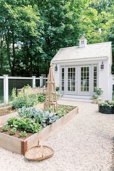 an outdoor garden with lots of vegetables and plants in the center, next to a white building