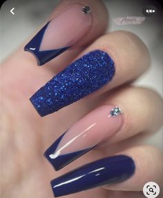 Long Nails Inspiration Blue, Navy Blue Prom Nails Silver, Royal Blue Acrylic Nails For Graduation, Wedding Guest Nail Ideas, Blue And Silver Nails Acrylic, Dark Blue Acrylic Nails Design, Black And Royal Blue Nails, Blue Nails Acrylic Design, Blue Nails For Prom