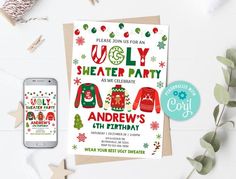 an ugly sweater christmas party is on the table next to a phone and some decorations