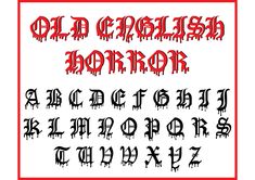 an old english gothic font with blood splattered on it and the letters in red