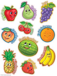 various fruit stickers on a white background with the words self control and smiling faces