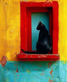 a black cat sitting in a red window sill on a yellow and blue wall