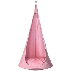 a pink hammock hanging from a metal hook on a white background with the tag