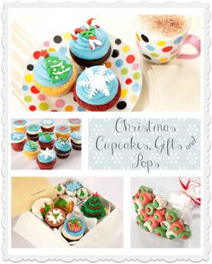 christmas cupcakes, gifts and pastries are on display in this collage