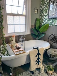 a bath tub sitting next to a window filled with plants and candles on top of it