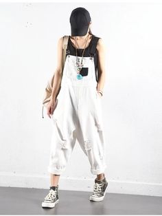 SOLID FRAYED HOLES SUSPENDER JUMPSUITS - rrdeye White Bib Front Overalls With Pockets, Trendy Jumpsuits And Rompers With Suspenders For Spring, White Casual Bib Front Overalls, Trendy Cotton Overalls With Suspenders, Casual Jumpsuits And Rompers With Suspenders For Spring, Trendy Overalls With Suspenders For Spring, Trendy Spring Overalls With Suspenders, Casual White Overalls With Pockets, White Denim Jumpsuit With Pockets