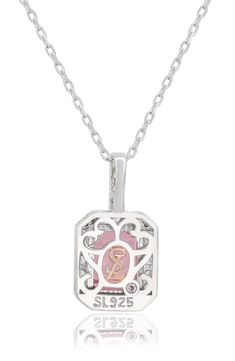 A sterling silver necklace is the perfect everyday accessory that goes with many different looks. 18" length; 0.39"W x 0.79"L pendant Sterling silver/sapphire or pink sapphire/cubic zirconia Imported Sterling Silver Rectangular Locket Necklace, Sterling Silver Locket Necklace With Rectangular Pendant, Silver Chain Initial Pendant Necklace As Gift, Silver Chain Necklace With Initial Pendant As Gift, Silver Square Pendant Necklace For Anniversary, Sterling Silver Rectangular Pendant With Lobster Clasp, Sterling Silver Rectangular Pendant Jewelry With Lobster Clasp, Sterling Silver Jewelry With Lobster Clasp And Rectangular Pendant, Elegant Pink Initial Pendant Necklaces