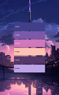 an image of a city skyline with the colors of purple and pink in it's palette