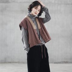 Winter Chinese Retro Lace-up Vest Women OCT dark coffee stitching Brown Patchwork Outerwear For Layering, Brown Cotton Outerwear For Layering, Brown Linen Casual Outerwear, Casual Brown Linen Outerwear, Uni Style, Vest For Women, Plain Style, Dark Coffee, Hooded Dress