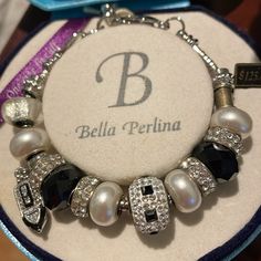 New With Tag .Beautiful Bella Perlina Bravelet Has A Ship Charm On It- Pearl, Crystal, Onyx, Silver Charms Elegant Black Charm Bracelet For Party, Elegant Metal Charm Bracelet With Silver Beads, Elegant Silver Beads Metal Charm Bracelet, Pearl Crystal, Bracelet Ideas, A Ship, Pandora Bracelets, Pandora Bracelet, Silver Charms