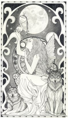 a drawing of a woman holding a cup next to two wolfs and a moon