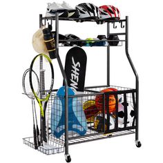 a rack with tennis gear and sports equipment in it on a white background, there is no image here to provide a caption for