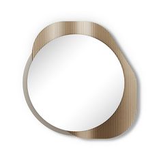 a round mirror with gold stripes on the edges and a white background, in an oval shape