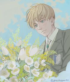 an anime character holding flowers in front of a blue sky with white clouds behind him