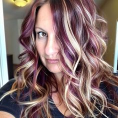 Copper And Violet Highlights, Blonde Purple And Brown Hair, Burgundy Hair With Extensions, Fall Hair Colors With Purple, Fall Hair Colors Highlights Low Lights, Blonde With Dark Red Highlights, Mahogany And Blonde Hair, Purple Brown Blonde Hair, Plum Lowlights In Blonde Hair