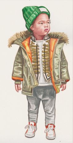 a drawing of a young boy wearing a green hat and jacket with an orange lining