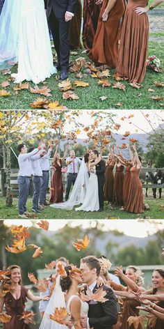 the wedding party is throwing leaves in the air and posing for pictures with their guests