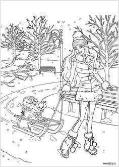 a girl is sledding with her dog in the snow