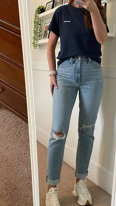 Navy Patagonia tee, madewell light distressed straight leg jeans, new balance 327 cream sneakers New Balance 327 Outfit, Straight Leg Jeans Outfit, Light Blue Jeans Outfit, Cream Sneakers, Straight Jeans Outfit, Casual Oufits, Cute Sporty Outfits, Straight Leg Jeans Outfits, Distressed Straight Leg Jeans