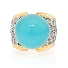 When you live on the coast the colors of the ocean naturally become your favorite. All sorts of blue hues just go. We feel that turquoise jewelry when combined with gold can then become your favorite go to accessory. Take a look at this lovely David Webb turquoise and diamond ring. This statement ring is made in 18k ye Luxury Blue Round Cabochons, Luxury Yellow Gold Turquoise Cabochon Ring, Luxury Turquoise Cabochon Ring In Yellow Gold, Elegant Blue Cabochon Dome Ring, Luxury Blue Oval Cabochon Turquoise Ring, Elegant Blue Turquoise Cabochon Ring, Luxury Blue Dome Ring As Gift, Fine Jewelry Blue Turquoise Cabochon Ring, Blue Cabochon Fine Jewelry Ring