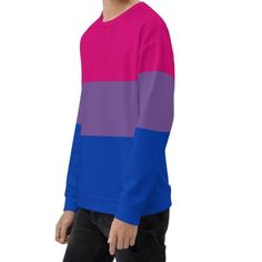 Wear your favorite colors in a bold way with this bisexual flag sweatshirt and show your bi pride to the world. A comfy stylish bisexual pride crewneck and ideal LGBTQ+ pride festival outfit and for pride month events. This bisexual sweater also makes great pride wear during bisexual awareness week, bisexuality day and on national coming out day. STYLE GUIDE• Stylish gender neutral fit• Cozy and soft• Vibrant colors• Brushed fleece fabric inside• All-over print sweatshirt - inside is white• Prin Sporty Crew Neck Sweatshirt With Color Matching, Trendy Pink Color Block Sweatshirt, Pink Casual Color Block Sweatshirt, Casual Pink Color Block Sweatshirt, Casual Purple Color Block Sweater, Trendy Multicolor Color Block Sweatshirt, Casual Rainbow Crew Neck Sweatshirt, Pink Color Block Cotton Sweater, Pride Festival Outfit