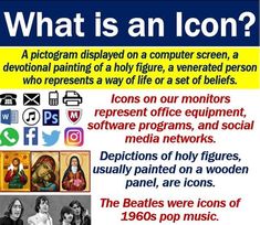 a poster with pictures of women and men in the background that says, what is an icon?