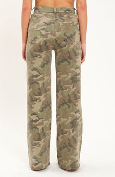 Give in to your style nostalgia and throw it back to Y2K in a pair of wide-leg jeans cut from low-stretch denim patterned in classic camo. 32 1/2" inseam; 22" leg opening; 12" front rise Zip fly with button closure Front patch pockets; back patch pockets 62% cotton, 27% organic cotton, 1% spandex Machine wash, dry flat Imported Throw It Back, High Waist Wide Leg Jeans, Denim Patterns, Utility Pants, Vintage Fits, Camo Print, Cotton Pants, Girls Jeans, Wide Leg Jeans