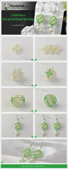 the instructions for how to make beaded earrings with beads and pearls in green thread