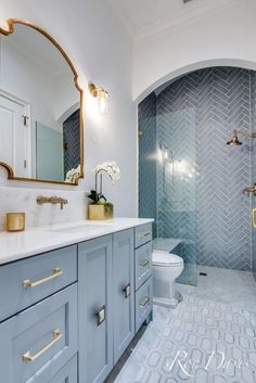 a bathroom with blue cabinets and a white toilet next to a walk - in shower